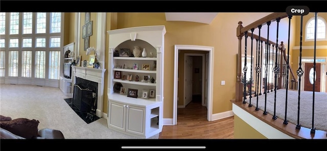 living room with light colored carpet, built in features, and a fireplace