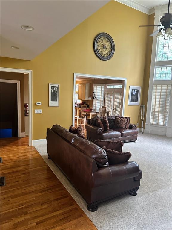 living room featuring carpet floors, ceiling fan, and ornamental molding