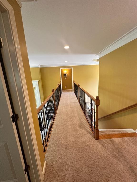 staircase featuring crown molding and carpet floors