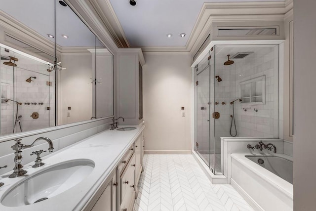 bathroom featuring tile patterned floors, vanity, separate shower and tub, and crown molding