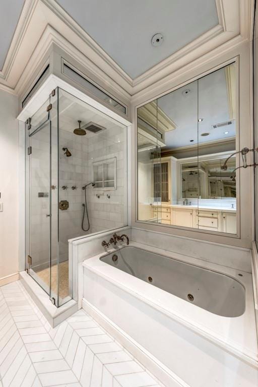 bathroom featuring crown molding, sink, plus walk in shower, and parquet flooring