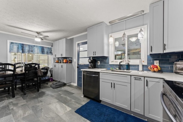 1467 Hewatt Rd, Lilburn, GA 30047 - kitchen with stainless steel appliances, a sink, light countertops, decorative backsplash, and crown molding