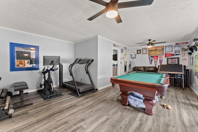 1467 Hewatt Rd, Lilburn, GA 30047 - rec room featuring a ceiling fan, a textured ceiling, wood finished floors, billiards table, and baseboards