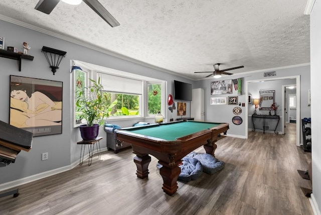 1467 Hewatt Rd, Lilburn, GA 30047 - rec room featuring a ceiling fan, billiards table, a textured ceiling, wood finished floors, and ornamental molding