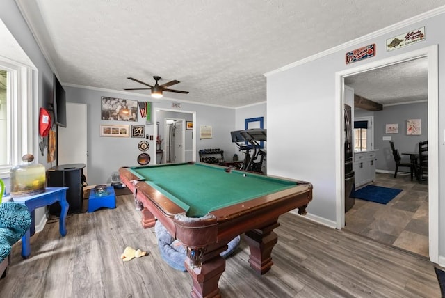 1467 Hewatt Rd, Lilburn, GA 30047 - recreation room with a textured ceiling, billiards, ceiling fan, ornamental molding, and wood finished floors