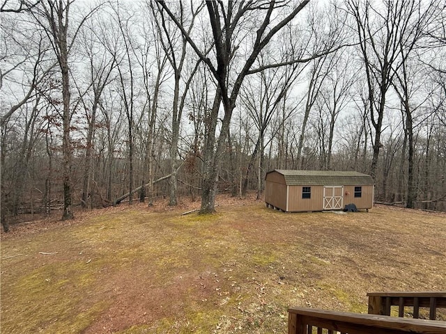 view of yard featuring a storage shed