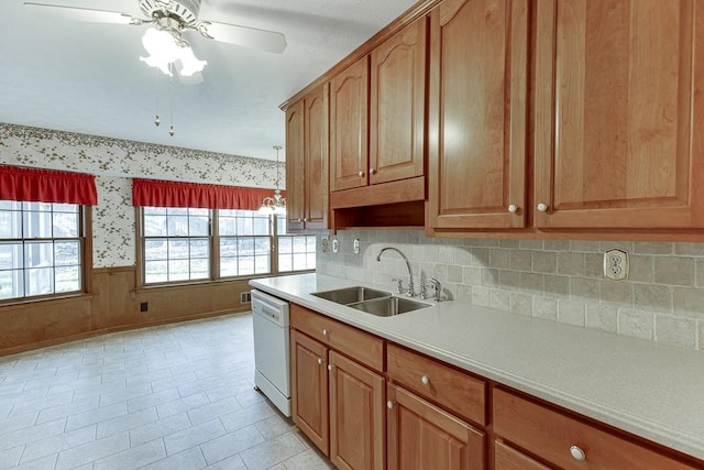 kitchen with sink, ceiling fan, and white dishwasher