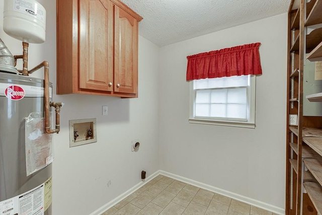 laundry room with cabinets, washer hookup, water heater, electric dryer hookup, and a textured ceiling