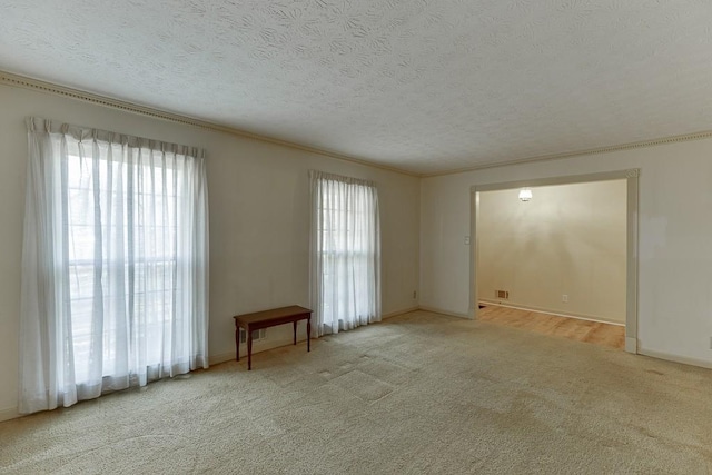 carpeted empty room with a textured ceiling and ornamental molding