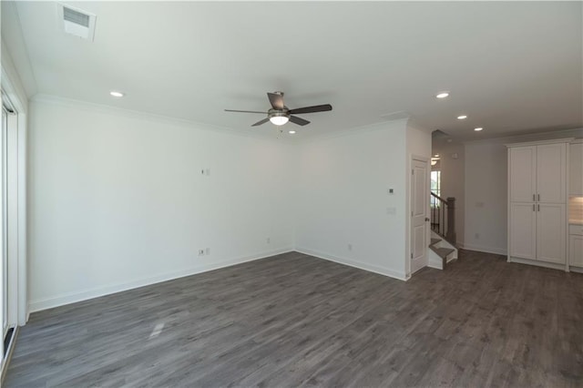 2260 Siskin Square Rd Unit 90, Duluth, GA 30096 - unfurnished living room with a ceiling fan, recessed lighting, dark wood-style flooring, crown molding, and stairs