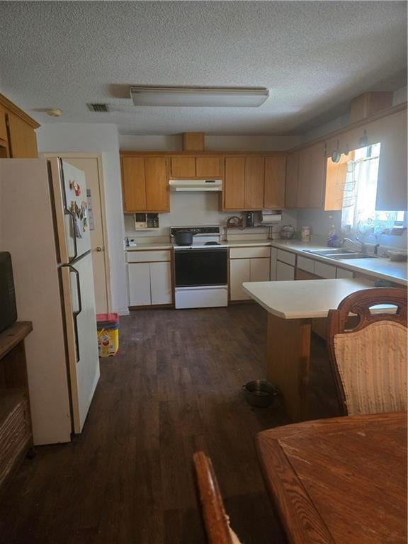 kitchen with electric stove, freestanding refrigerator, under cabinet range hood, light countertops, and dark wood-type flooring