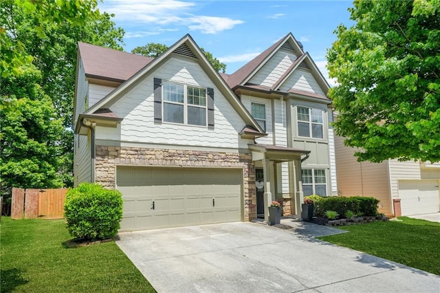 craftsman inspired home with driveway, stone siding, and an attached garage