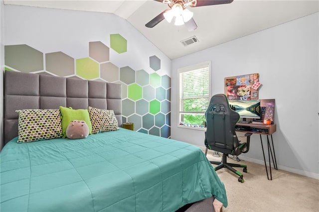 bedroom with carpet floors, baseboards, lofted ceiling, and a ceiling fan