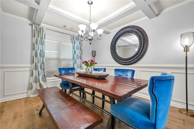 dining space featuring coffered ceiling, a chandelier, a wainscoted wall, ornamental molding, and beam ceiling