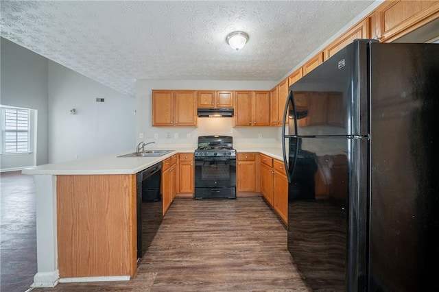 6509 Charter Way, Lithonia, GA 30058 - kitchen with black appliances, a sink, under cabinet range hood, a peninsula, and dark wood-style flooring