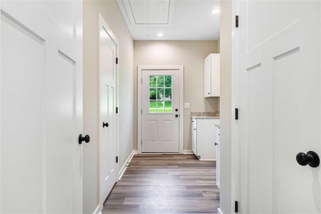 12 New St, Newnan, GA 30263 - entryway with dark wood finished floors, recessed lighting, and baseboards