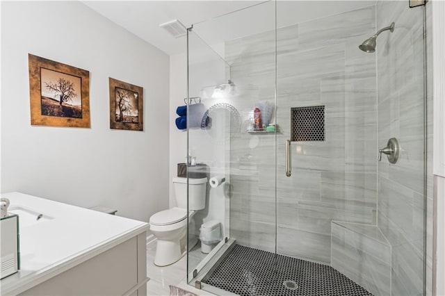 2900 Townley Cir, Atlanta, GA 30340 - bathroom with vanity, a stall shower, toilet, and marble look tiles