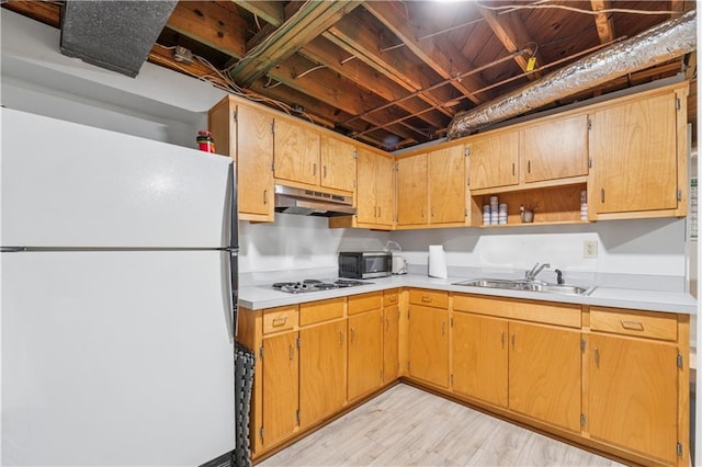 2900 Townley Cir, Atlanta, GA 30340 - kitchen featuring freestanding refrigerator, a sink, under cabinet range hood, light wood-style floors, and cooktop