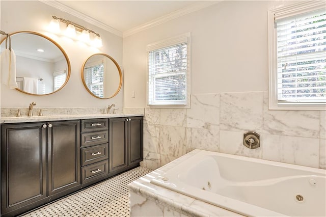 bathroom with ornamental molding, tiled bath, vanity, and tile walls