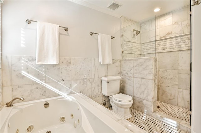 bathroom featuring tile walls, independent shower and bath, and toilet