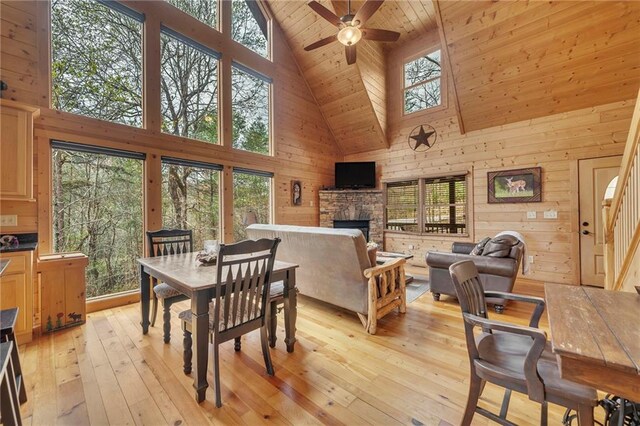 dining area featuring a healthy amount of sunlight, wooden walls, and high vaulted ceiling