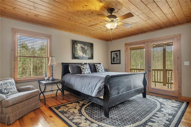 bedroom featuring access to exterior, wood-type flooring, wooden ceiling, and ceiling fan