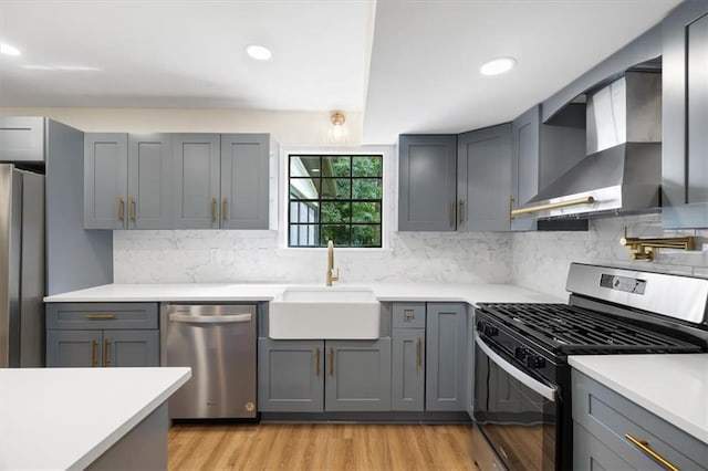 kitchen featuring a sink, appliances with stainless steel finishes, wall chimney range hood, and gray cabinetry