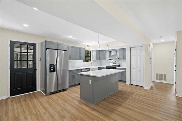 kitchen with visible vents, appliances with stainless steel finishes, gray cabinets, light countertops, and wall chimney range hood