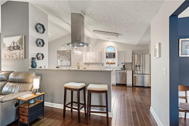 kitchen with dark wood-style floors, stainless steel appliances, white cabinetry, island range hood, and a kitchen breakfast bar