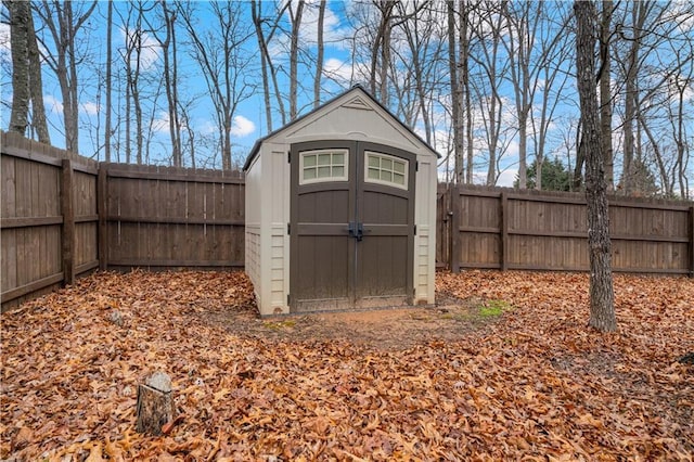 view of shed featuring a fenced backyard