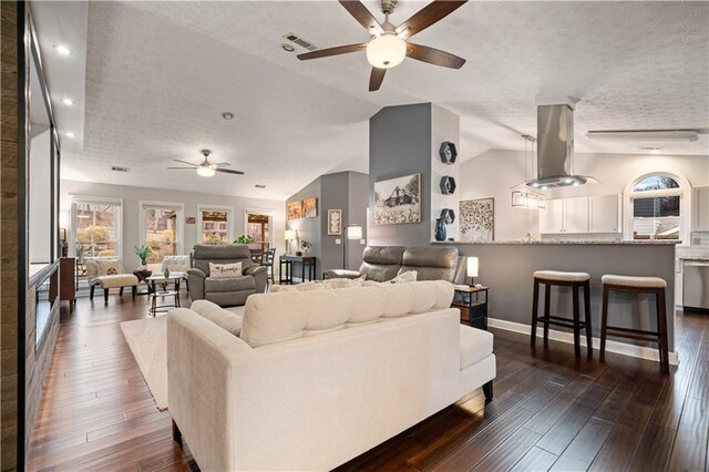 living area featuring dark wood-style floors, visible vents, vaulted ceiling, a textured ceiling, and baseboards