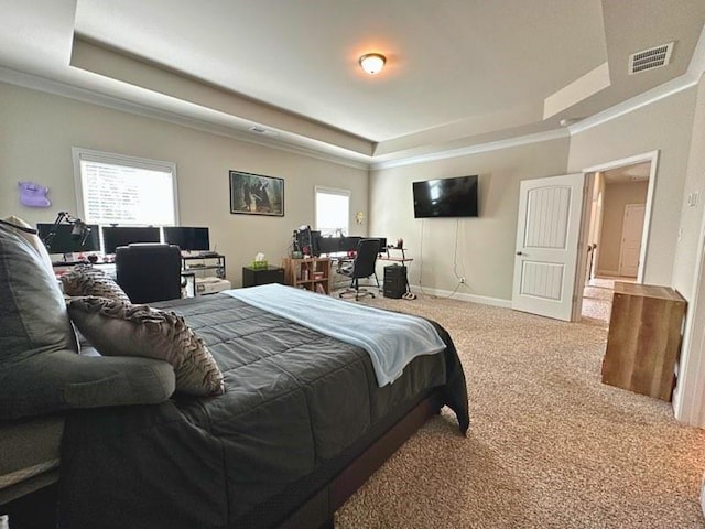 360 Walker Rd, Byron, GA 31008 - carpeted bedroom with a tray ceiling, multiple windows, crown molding, and a desk