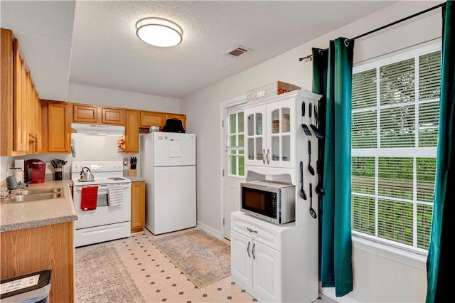 33 Middlebrook Dr, Cartersville, GA 30120 - kitchen featuring white appliances, under cabinet range hood, light countertops, light floors, and a textured ceiling