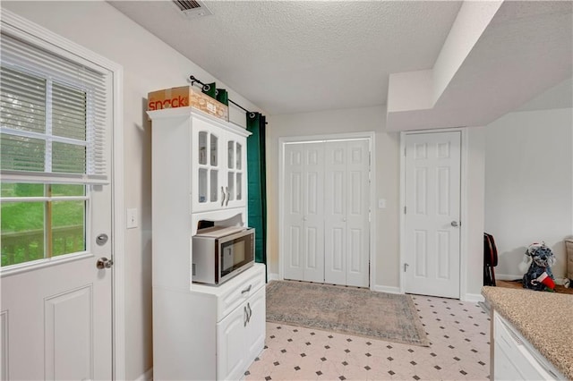 33 Middlebrook Dr, Cartersville, GA 30120 - kitchen featuring stainless steel microwave, white cabinetry, light countertops, a textured ceiling, and glass insert cabinets
