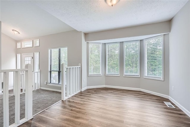 empty room with a textured ceiling, hardwood / wood-style flooring, and plenty of natural light