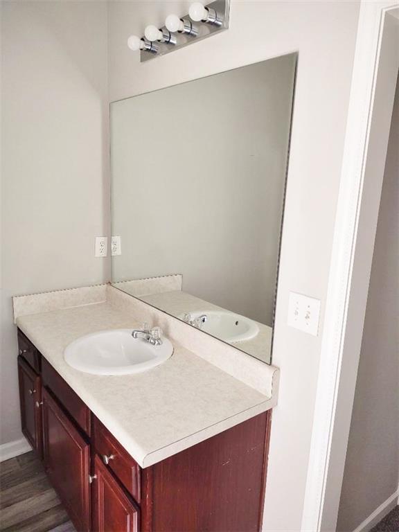 bathroom featuring vanity and hardwood / wood-style floors