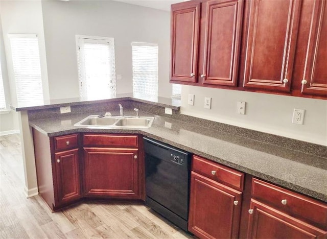 kitchen with dark stone counters, light hardwood / wood-style flooring, dishwasher, and sink