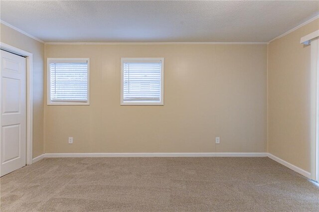 empty room featuring crown molding and light colored carpet