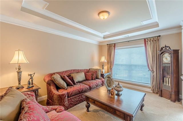 3202 Lucky Pl, Conyers, GA 30013 - living area featuring a raised ceiling, crown molding, and light colored carpet