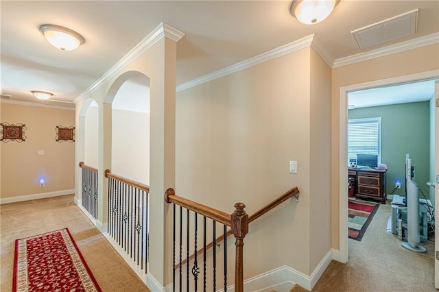3202 Lucky Pl, Conyers, GA 30013 - hallway with carpet, ornamental molding, and an upstairs landing