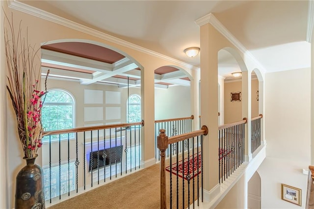 3202 Lucky Pl, Conyers, GA 30013 - hall featuring crown molding, coffered ceiling, beamed ceiling, an upstairs landing, and carpet floors