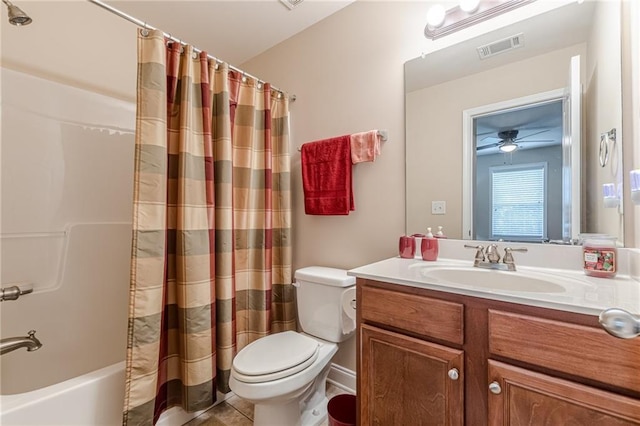 3202 Lucky Pl, Conyers, GA 30013 - bathroom with vanity, shower / tub combo, ceiling fan, and tile patterned flooring