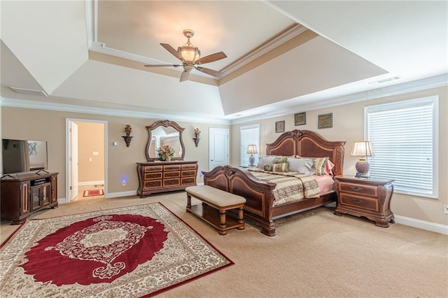 3202 Lucky Pl, Conyers, GA 30013 - bedroom featuring light carpet, a raised ceiling, ornamental molding, and ceiling fan