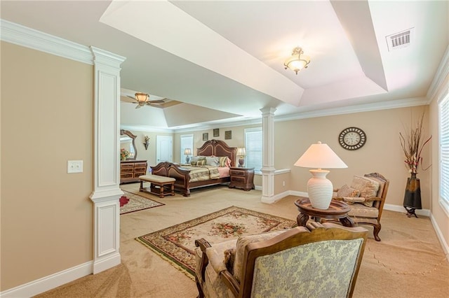 3202 Lucky Pl, Conyers, GA 30013 - living area with ornate columns, light colored carpet, a tray ceiling, ornamental molding, and ceiling fan