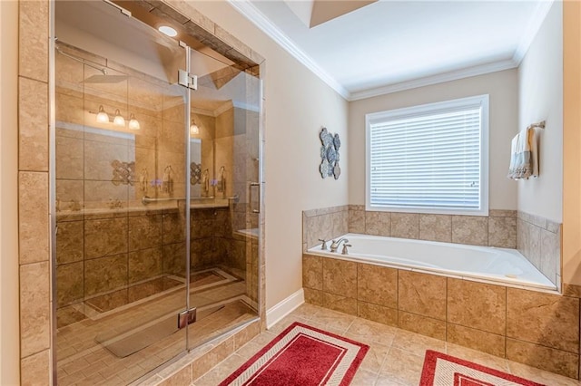 3202 Lucky Pl, Conyers, GA 30013 - full bathroom featuring a bath, a shower stall, crown molding, and tile patterned flooring