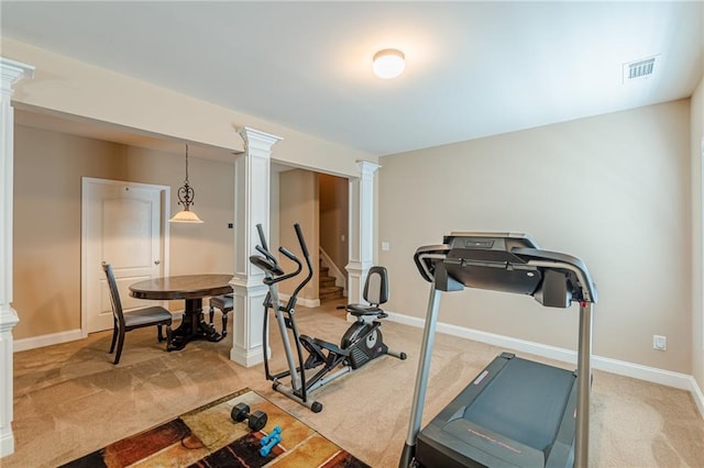 3202 Lucky Pl, Conyers, GA 30013 - exercise room with ornate columns and light carpet