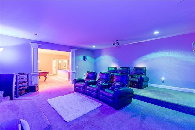 3202 Lucky Pl, Conyers, GA 30013 - carpeted home theater with ornate columns and recessed lighting