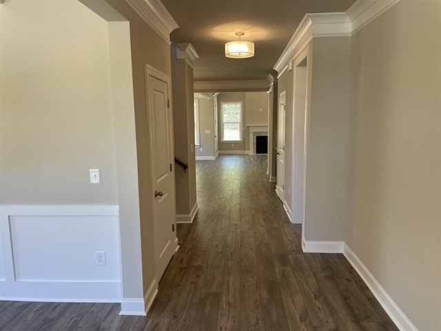 hall with ornamental molding and dark hardwood / wood-style floors