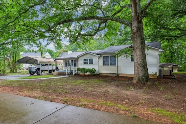 ranch-style house with a carport and a chimney