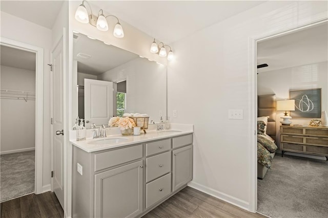 bathroom with wood-type flooring and dual bowl vanity